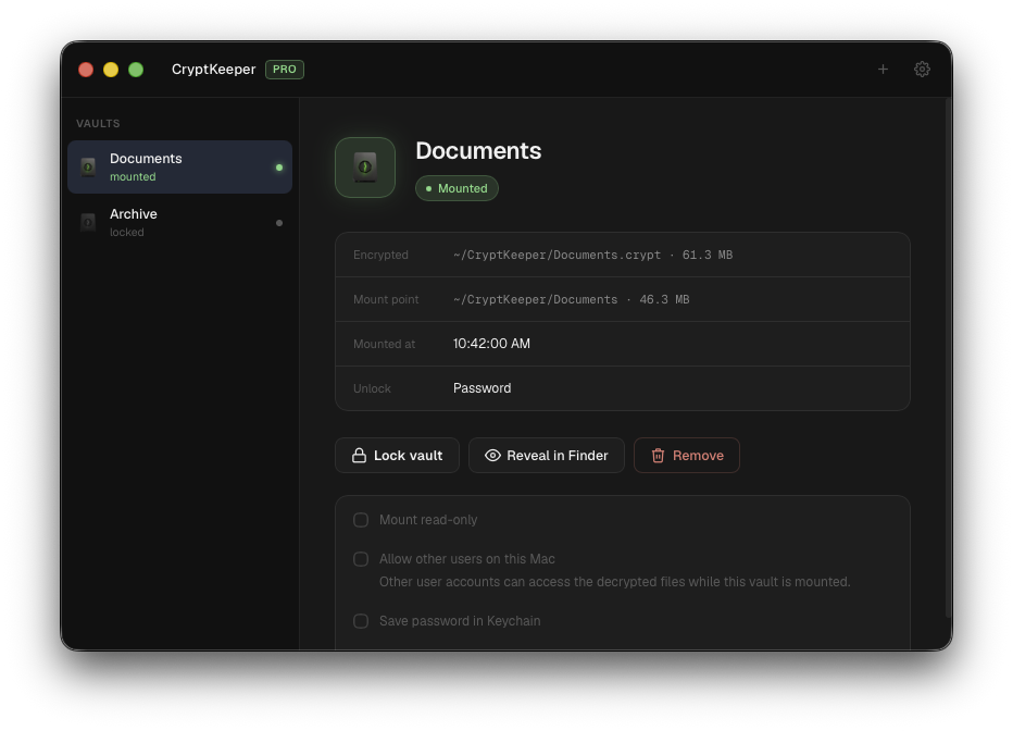 CryptKeeper app showing mounted and locked vaults